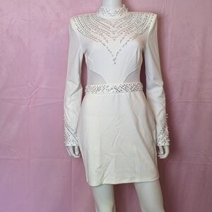 Banjul White Long Sleeve Mesh Insert Pearl Embellished Mini Dress Shoulder Large